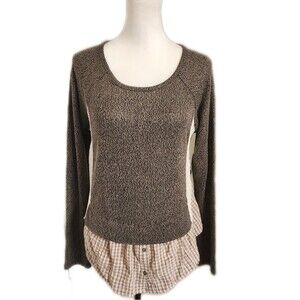 Hem & Thread Mixed Media Thin Knit Sweater, Lace Panel, Flannel, Small